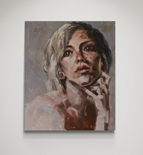 Oil painting on canvas depicting woman blue background