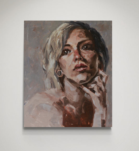 Oil painting on canvas depicting woman blue background