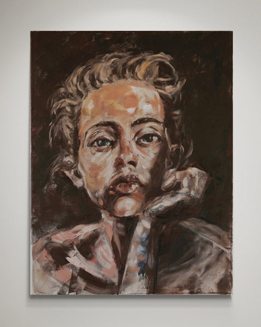 Oil painting depicting woman on brown background