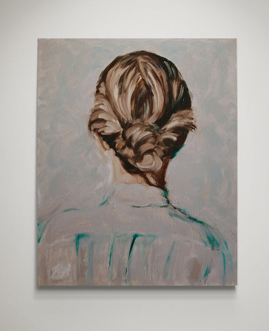 Oil painting depicting woman from the back of the head
