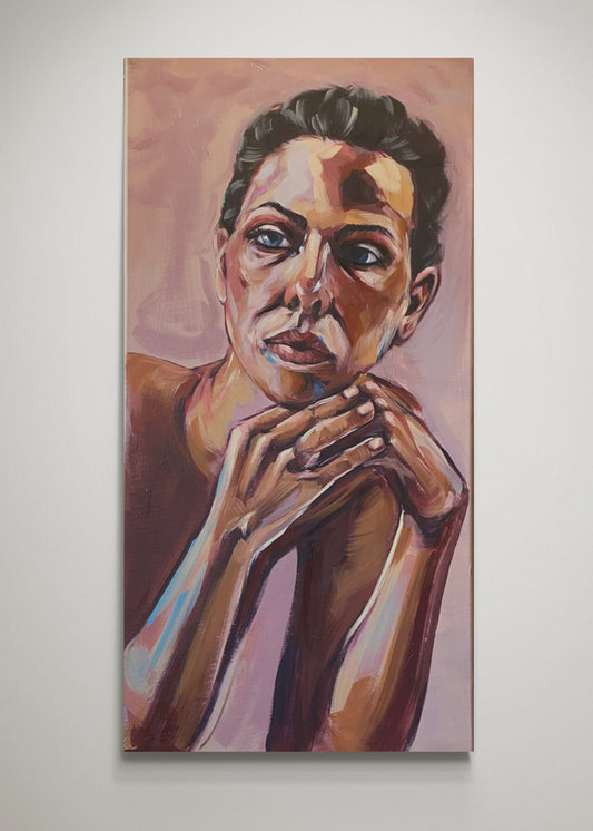 Oil painting depicting woman on pink background 