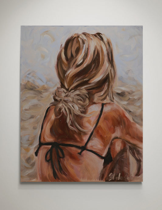 Oil painting depicting woman from back looking at the ocean