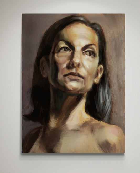 Oil painting depicting mature woman with black hair